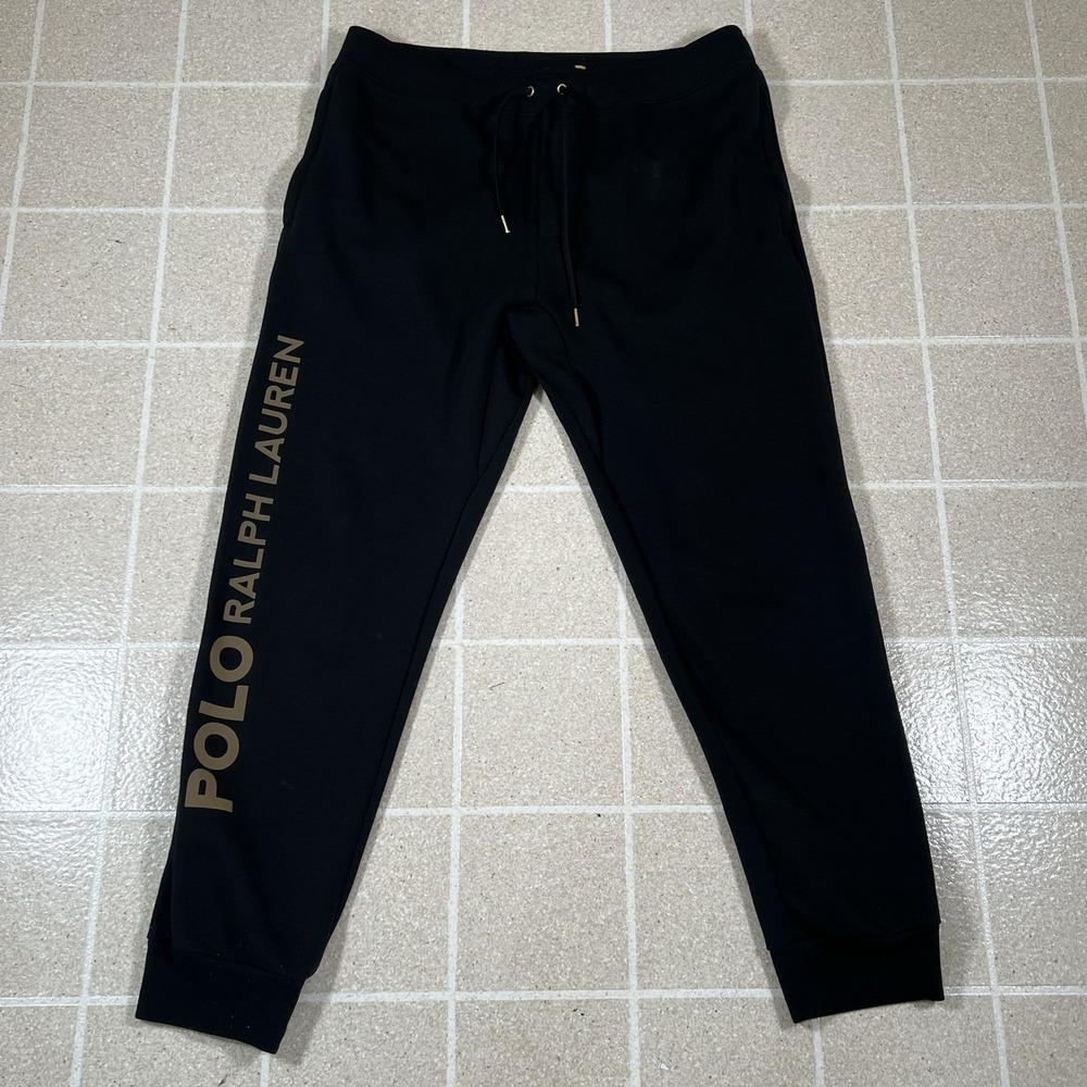 Polo Ralph Lauren Large Gold Logo Zipper Print Double Knit Jogger Pants Black